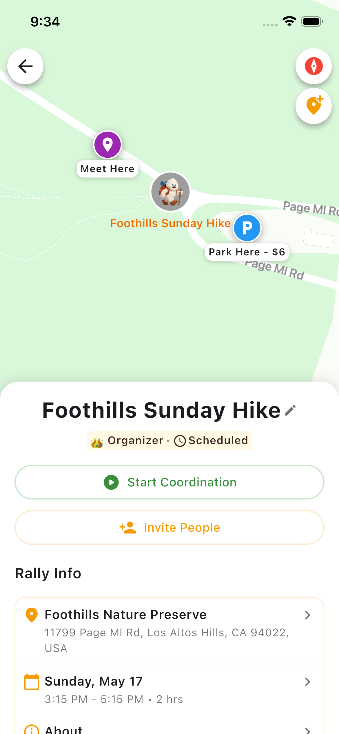 PinRally screenshot showing a map with rally pin and Create Rally / Join Rally buttons