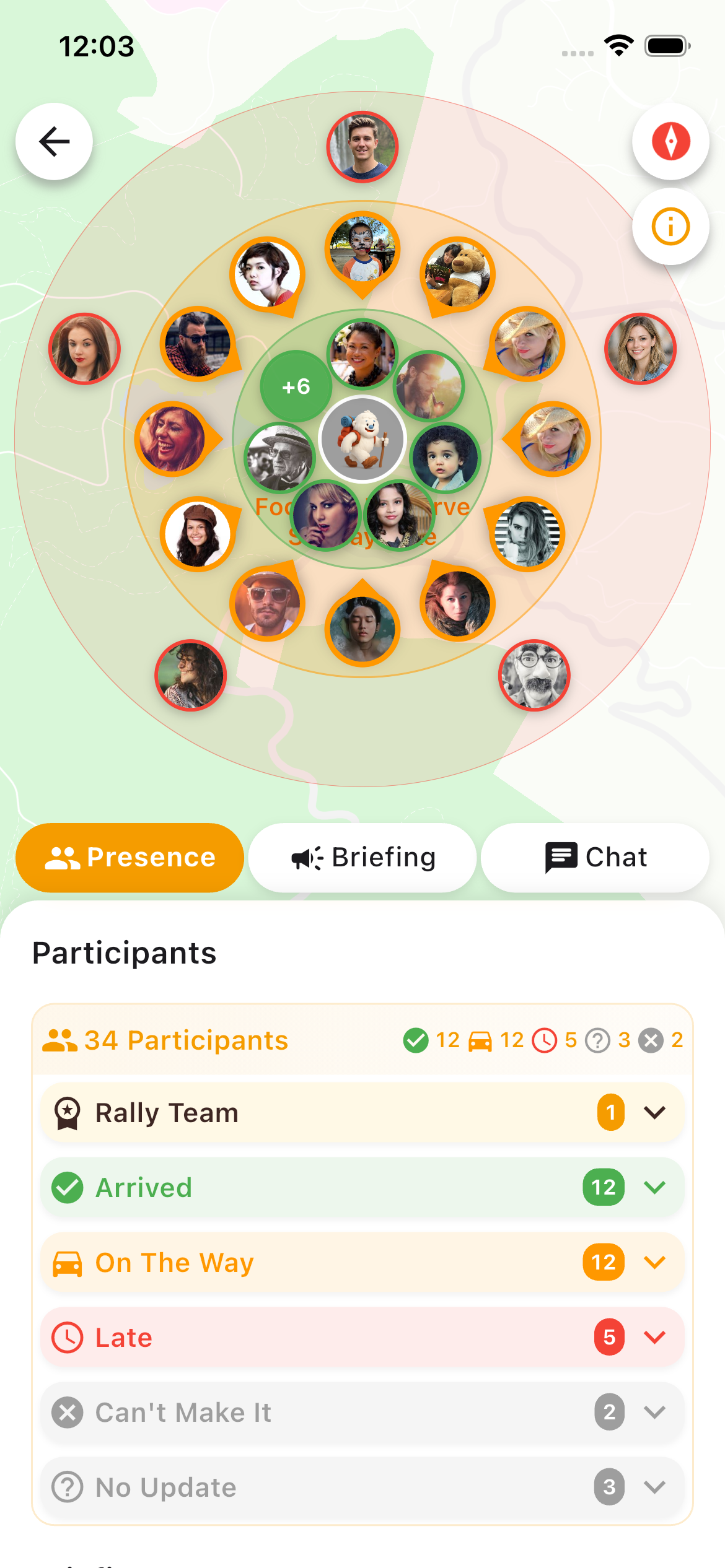 PinRally screenshot showing participant arrival status list with live ETAs