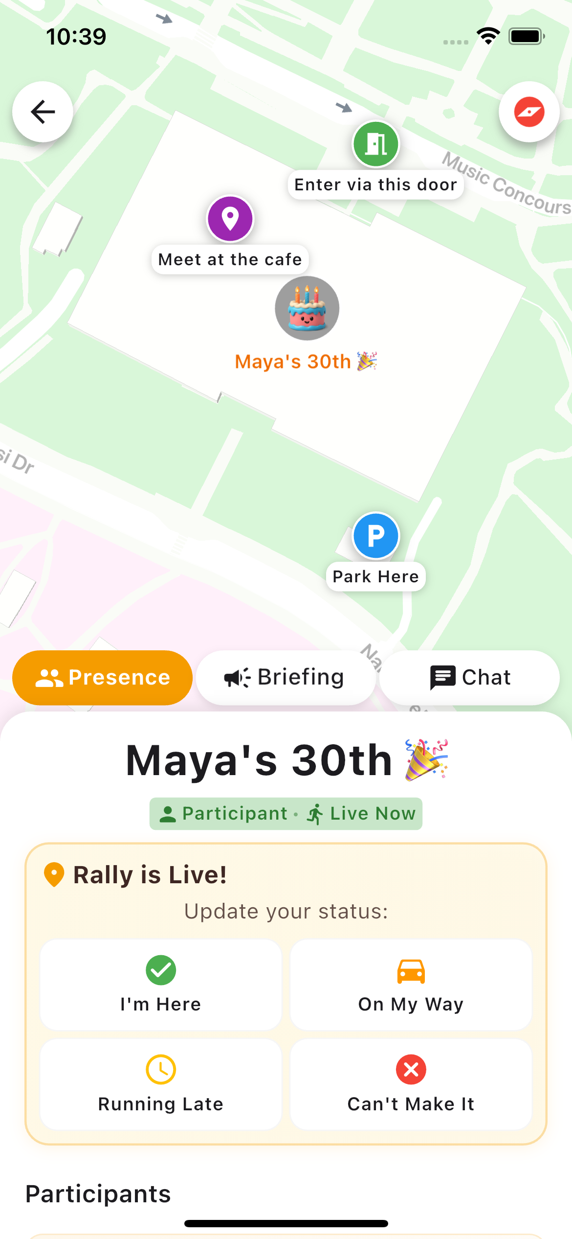 PinRally screenshot showing map with parking, entrance, and meetup point pins
