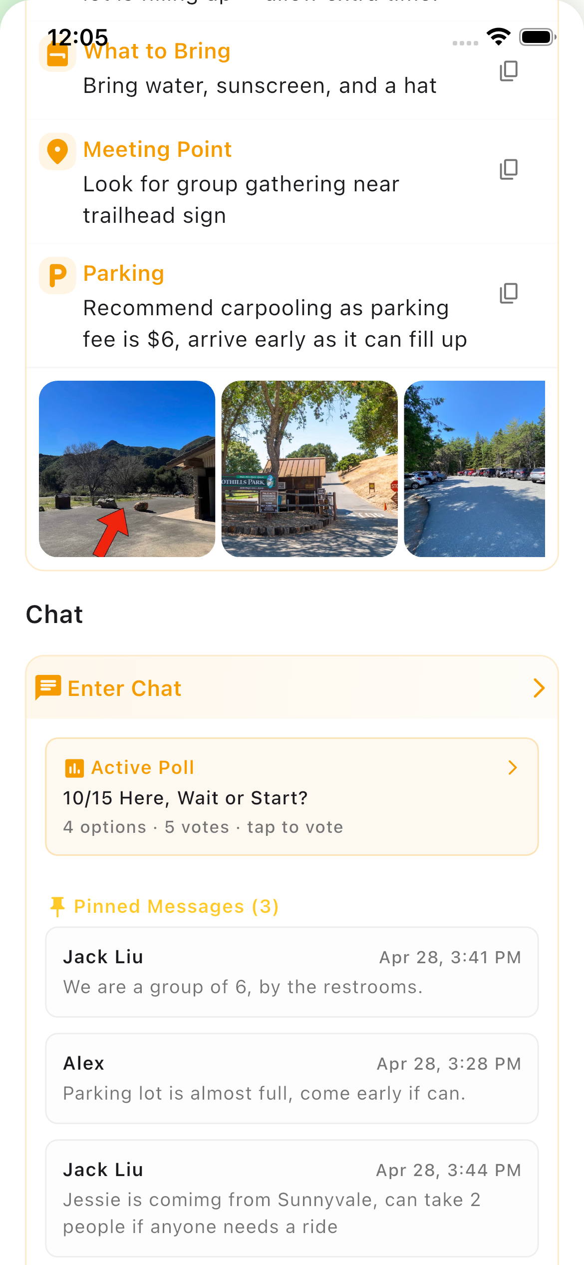 PinRally screenshot showing organizer tools including broadcast, pin message, and participant controls