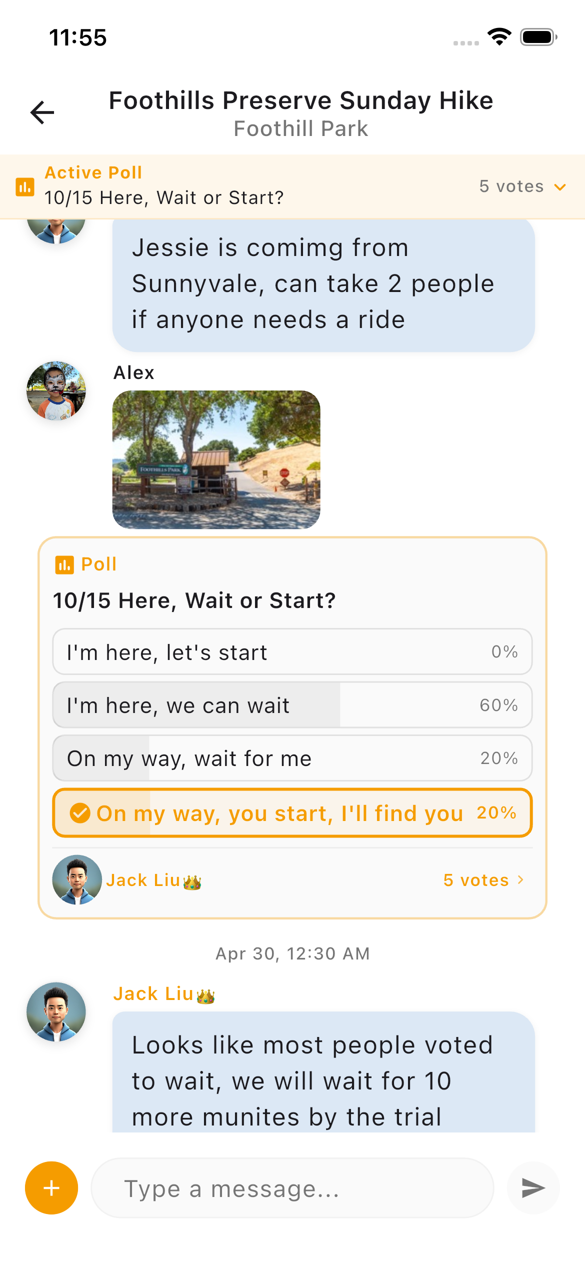PinRally screenshot showing live poll banner and coordination chat