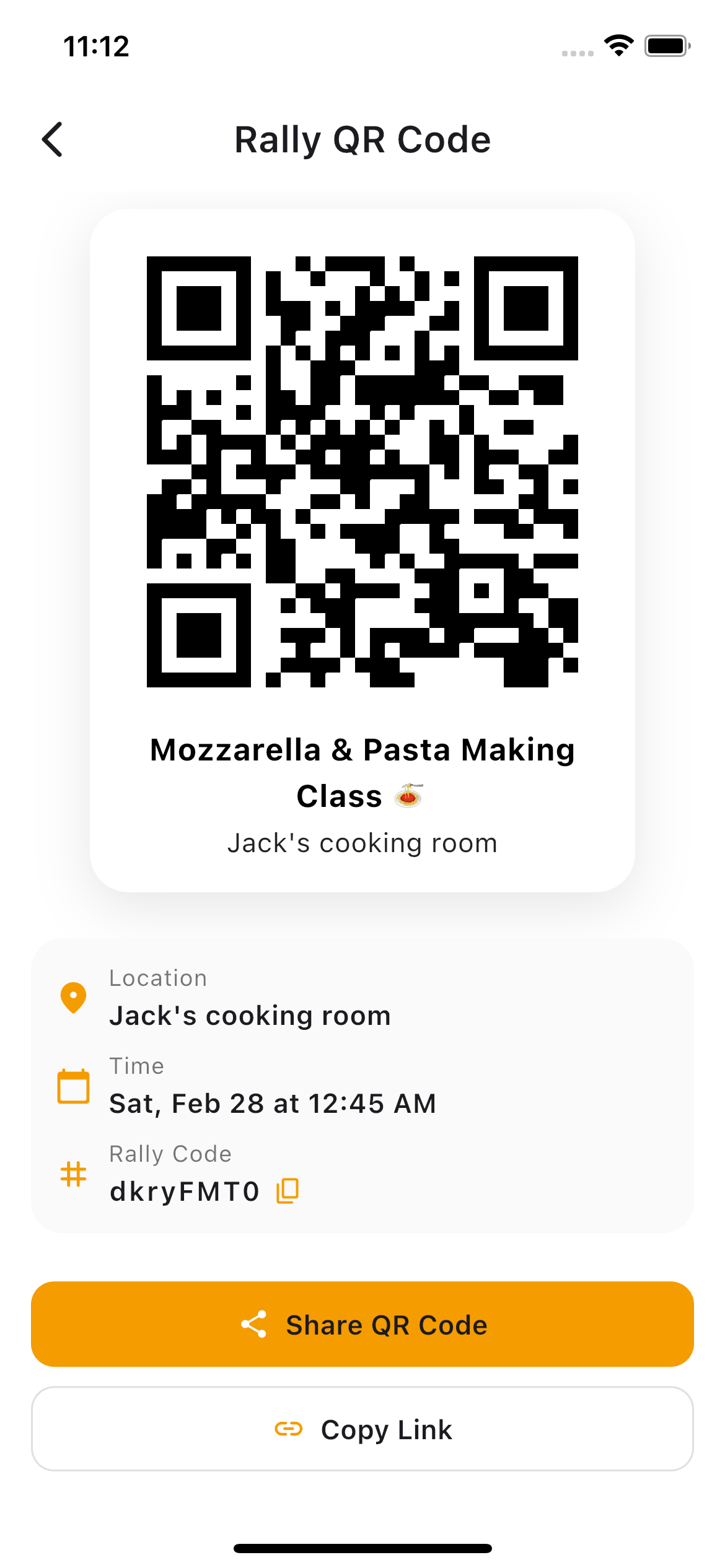 PinRally screenshot showing QR code share sheet and guest join flow