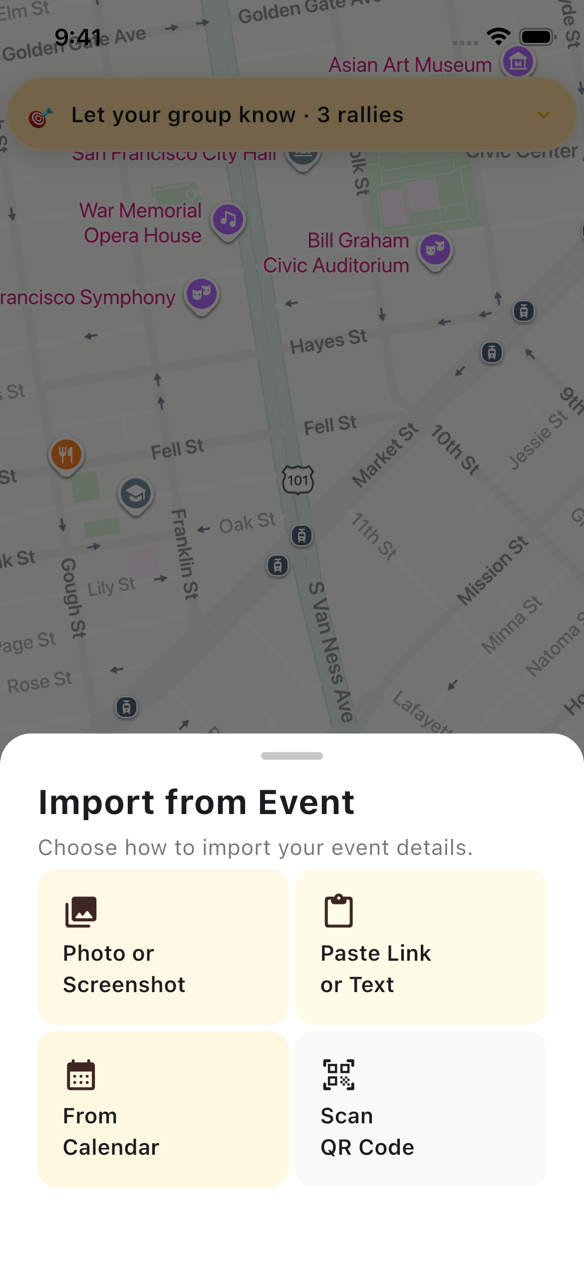 PinRally screenshot showing AI event import source sheet with prefilled rally form