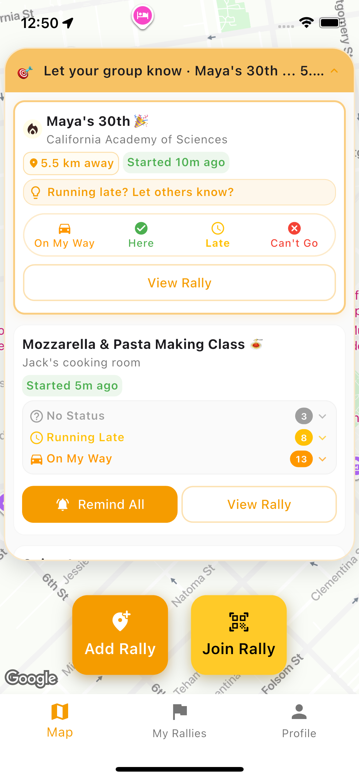 PinRally screenshot showing proximity notification and status reminder with Remind All action
